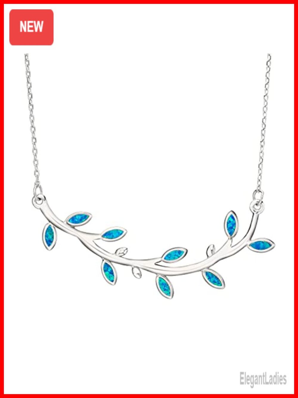Sterling Silver Created Blue Opal Olive Branch Maile Leaf Necklace Pendant